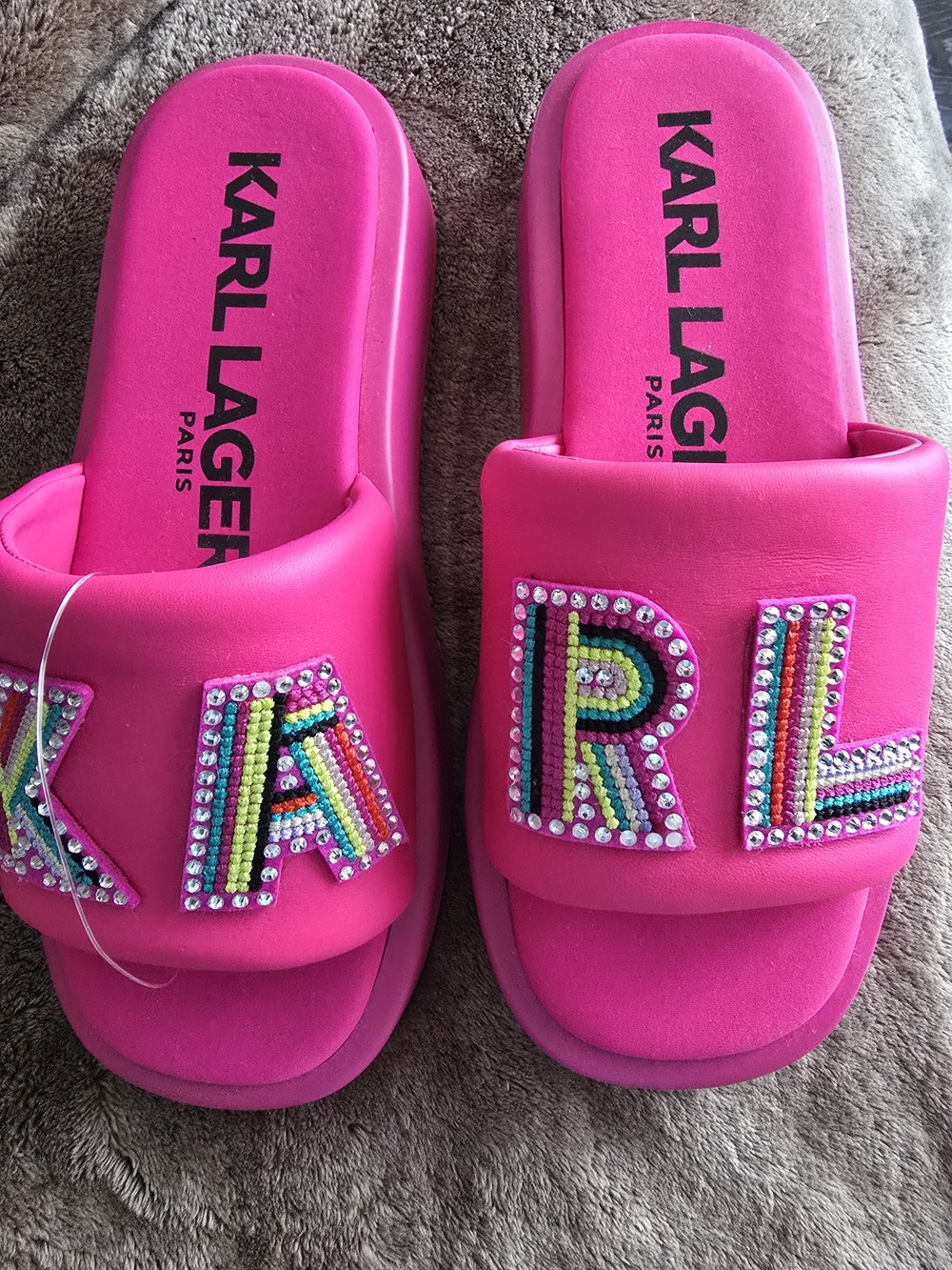 Karl Lagerfeld Hot Pink Bejeweled Slide Slippers